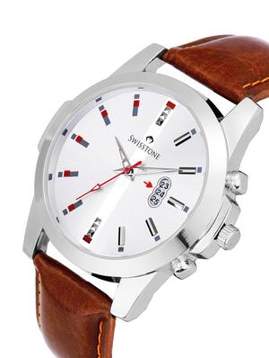 swisstone wt475-slv-brw brown leather strap analog wrist watch for men - 16736197 - Standard Image - 2