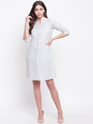 mandarin neck striped a-line dress - 16736223 - Standard Image - 4