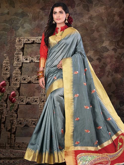 embroidered bordered saree with blouse - 16736477 - Standard Image - 1