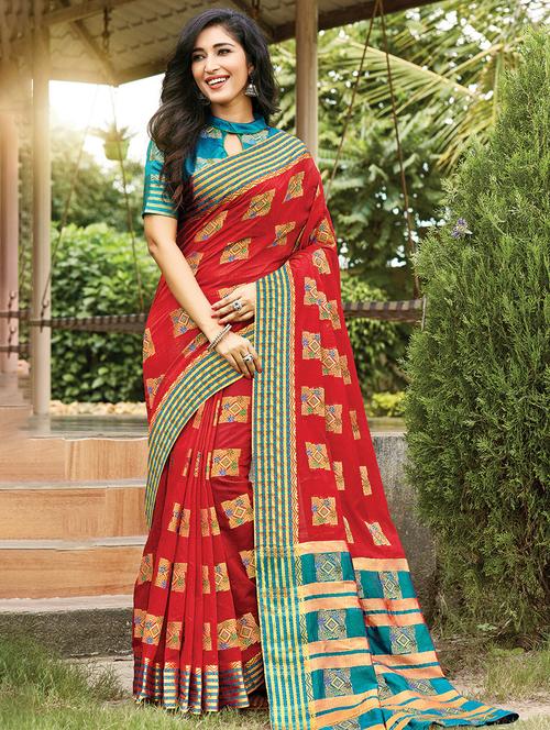 red cotton woven saree with blouse - 16736609 - Very Small Image - 1