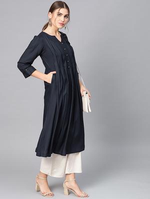 solid pleated a-line kurta - 16736714 - Standard Image - 4