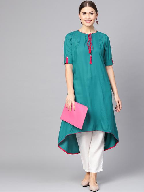 contrast piping detailed a-line kurta - 16736727 - Standard Image - 1