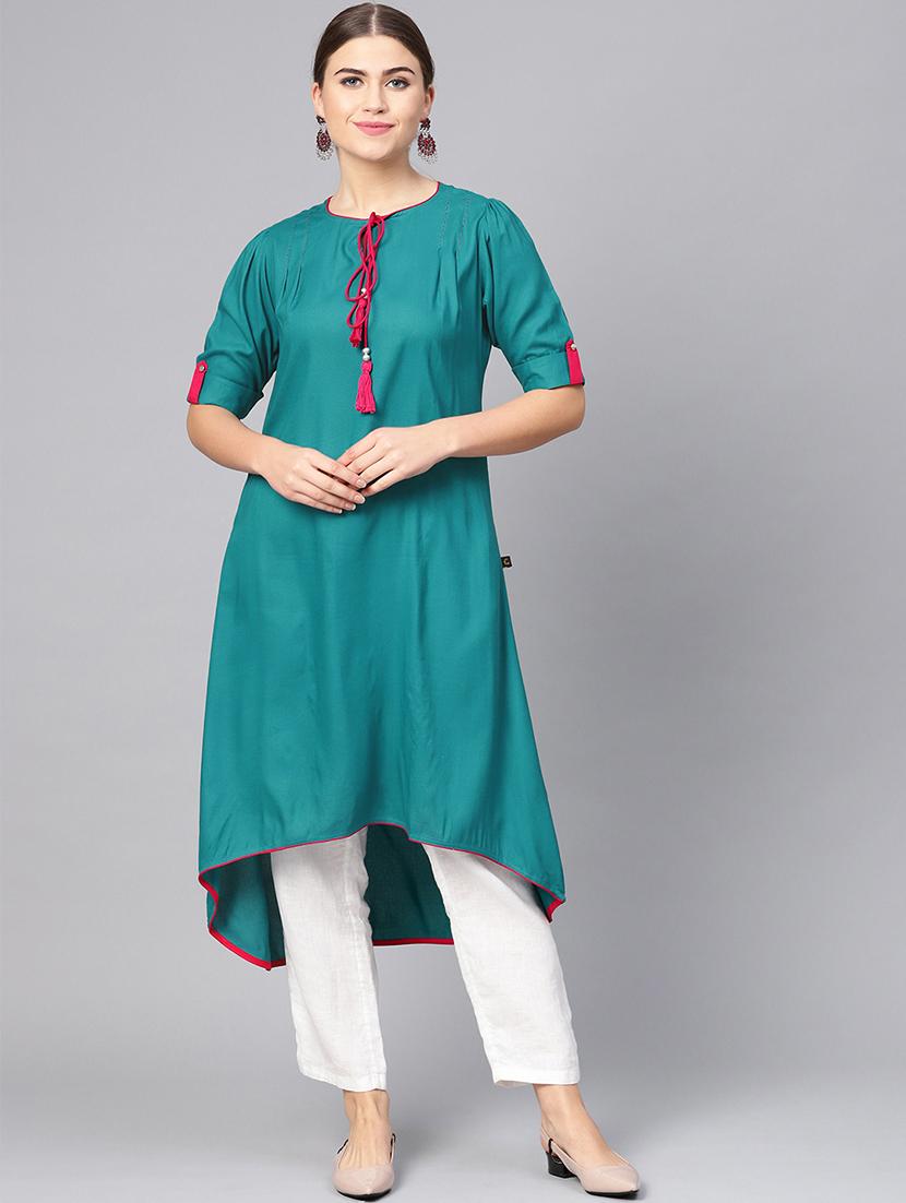 contrast piping detailed a-line kurta - 16736727 - Zoom Image - 2
