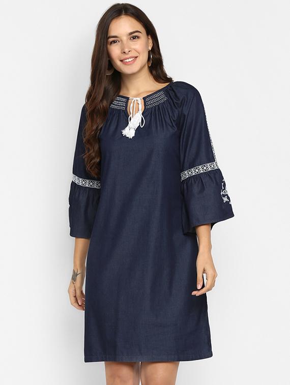 tassel tie up contrast embroidered sheath dress - 16737278 - Zoom Image - 1