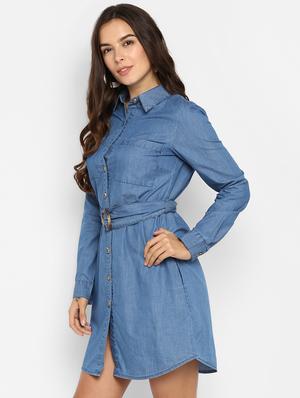 curved hem belted denim shirt dress - 16737279 - Standard Image - 2
