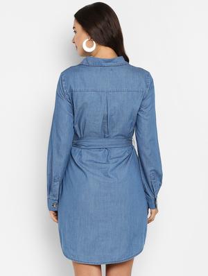 curved hem belted denim shirt dress - 16737279 - Standard Image - 3