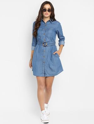 curved hem belted denim shirt dress - 16737279 - Standard Image - 4