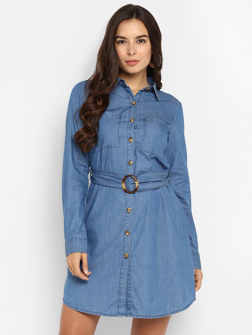 curved hem belted denim shirt dress - 16737279 - Zoom Image - 1