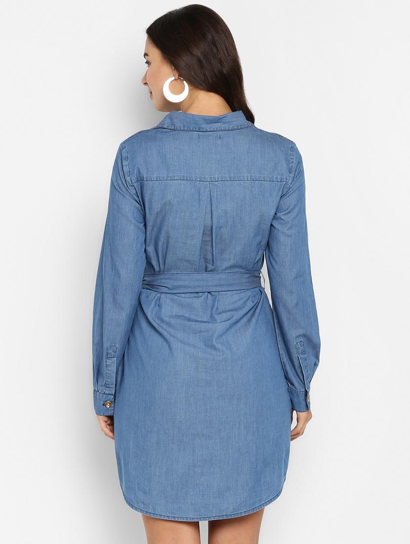 curved hem belted denim shirt dress - 16737279 - Zoom Image - 3