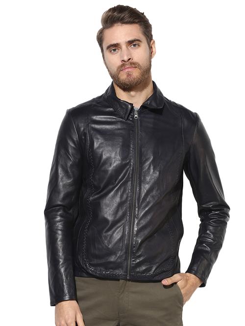 blue solid 100% lamb leather biker jacket - 16737524 - Very Small Image - 1