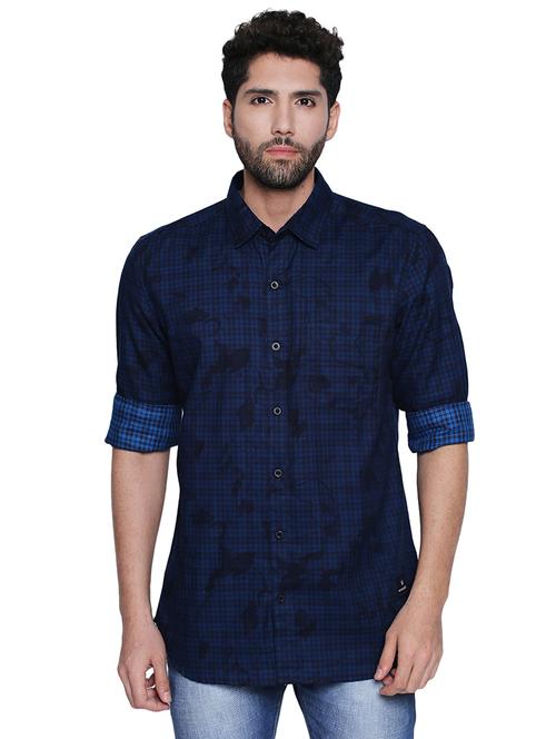 navy blue checkered casual shirt - 16738414 - Standard Image - 1