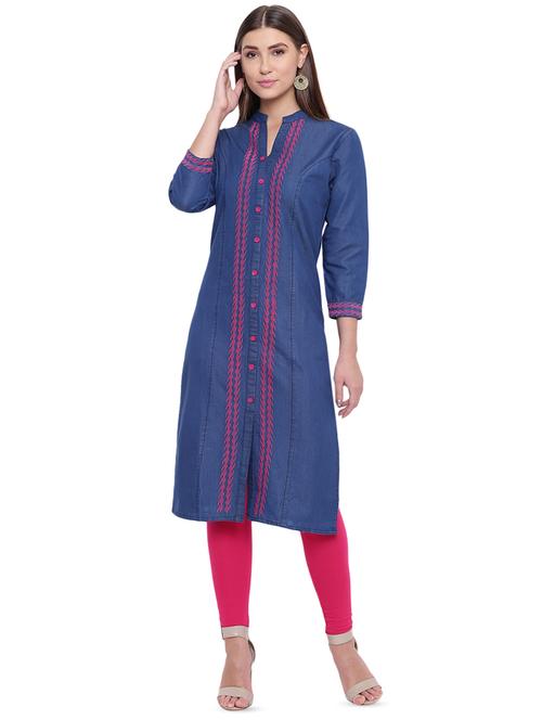 embroidered straight denim kurta - 16739143 - Standard Image - 1