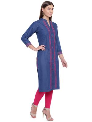 embroidered straight denim kurta - 16739143 - Standard Image - 2