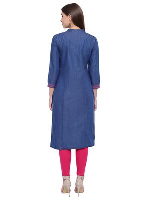 embroidered straight denim kurta - 16739143 - Standard Image - 3