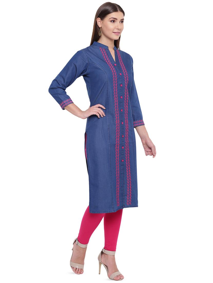 embroidered straight denim kurta - 16739143 - Zoom Image - 2
