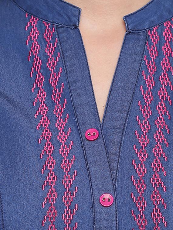embroidered straight denim kurta - 16739143 - Zoom Image - 4