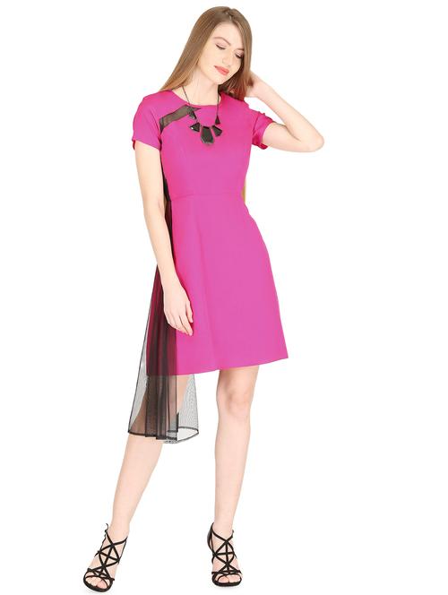 contrast mesh detail a-line dress - 16740260 - Standard Image - 1