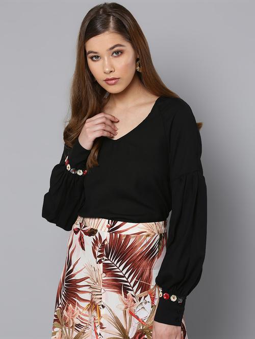 v neck embellished bishop sleeved top - 16740431 - Standard Image - 1