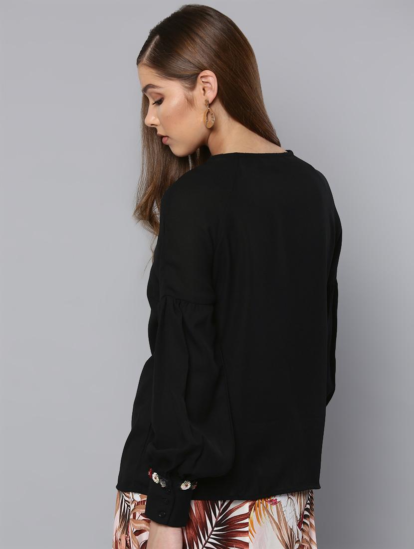 v neck embellished bishop sleeved top - 16740431 - Zoom Image - 3