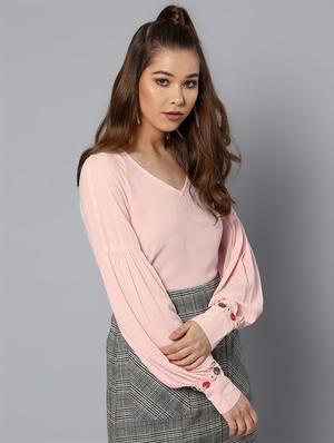 v neck embellished bishop sleeved top - 16740432 - Standard Image - 2