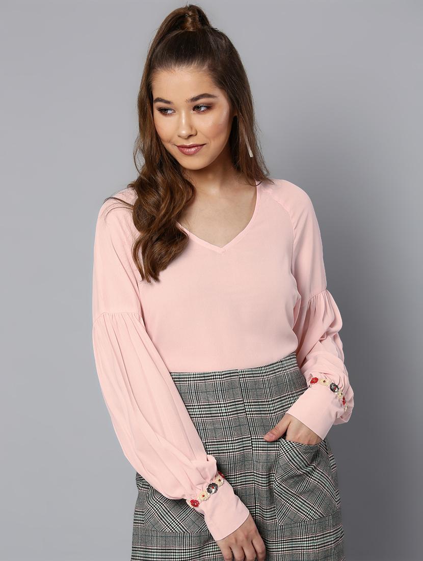 v neck embellished bishop sleeved top - 16740432 - Zoom Image - 1