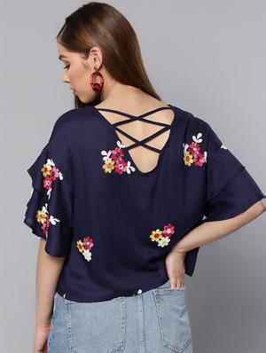 criss cross detail floral bell sleeved top - 16740445 - Standard Image - 3