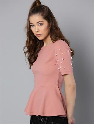 embellished sleeved solid peplum top - 16740462 - Standard Image - 2
