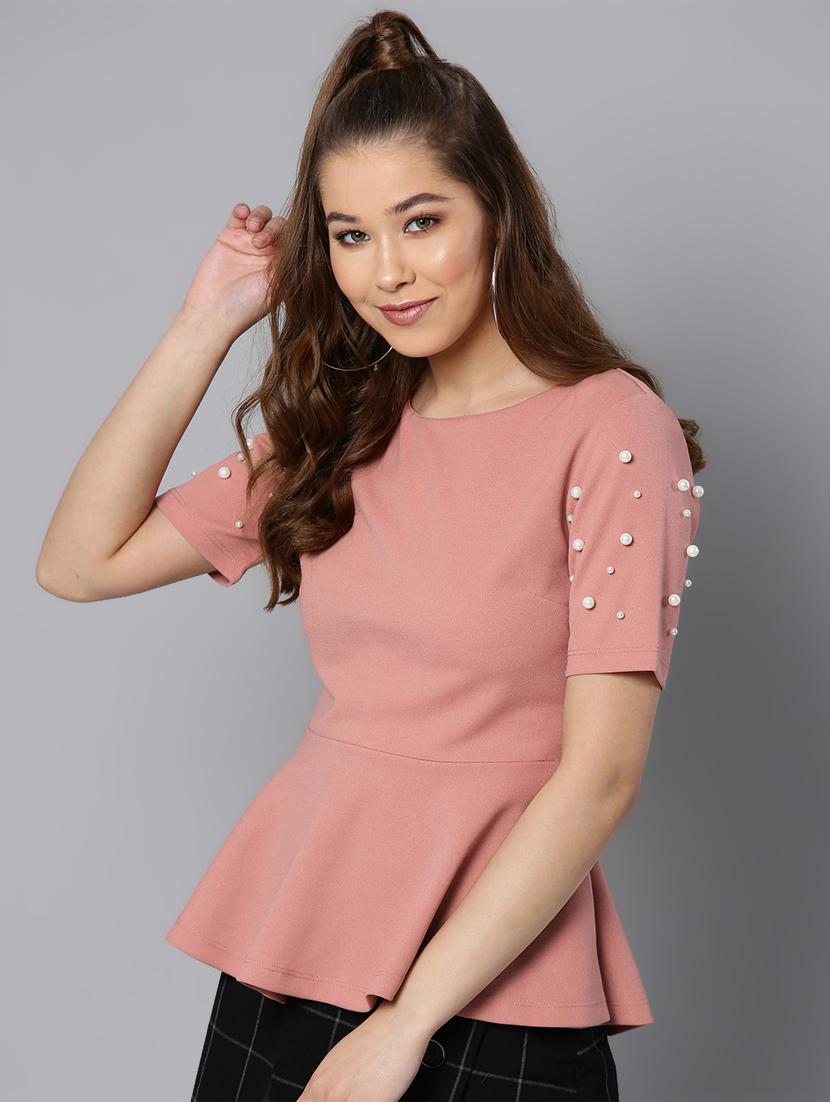 embellished sleeved solid peplum top - 16740462 - Zoom Image - 1