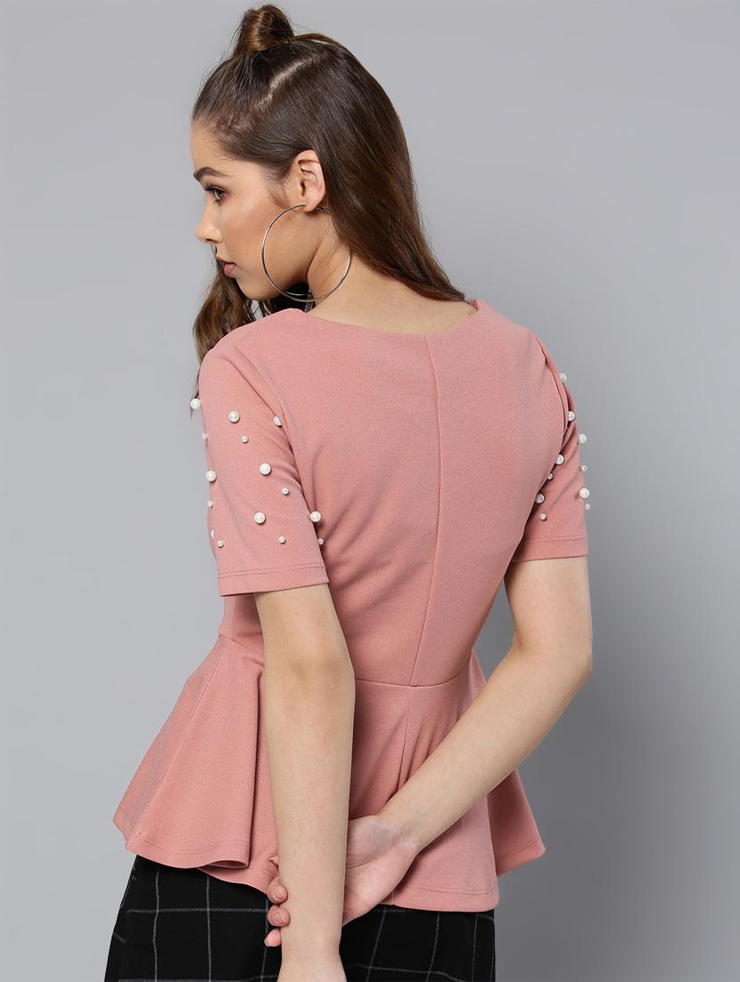 embellished sleeved solid peplum top - 16740462 - Zoom Image - 3
