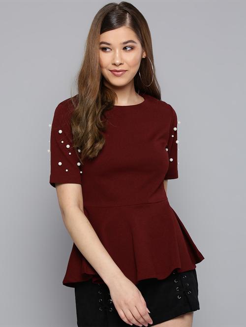 embellished sleeved solid peplum top - 16740463 - Standard Image - 1