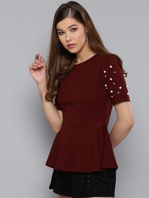 embellished sleeved solid peplum top - 16740463 - Standard Image - 2