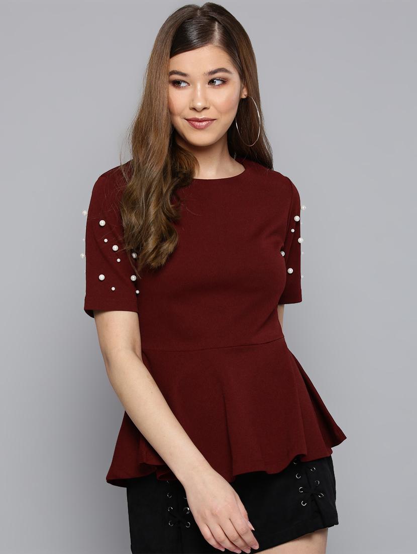 embellished sleeved solid peplum top - 16740463 - Zoom Image - 1