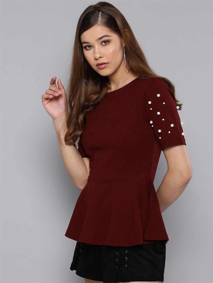 embellished sleeved solid peplum top - 16740463 - Zoom Image - 2