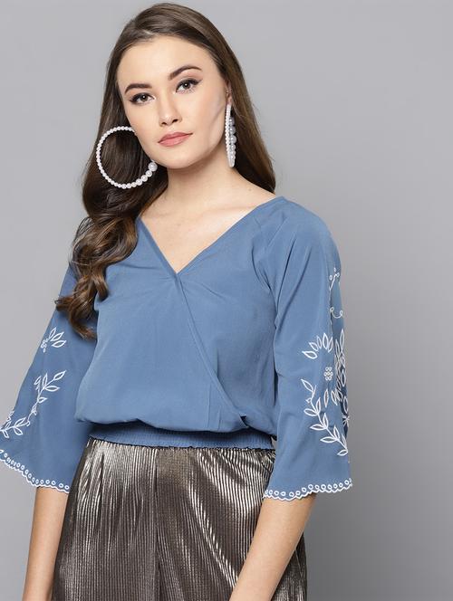embroidered bell sleeved blouson top - 16740464 - Standard Image - 1