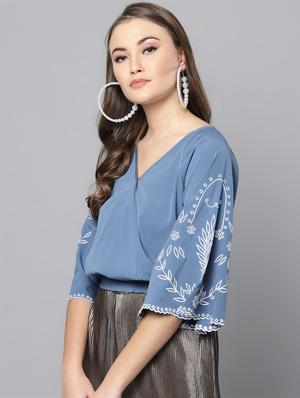 embroidered bell sleeved blouson top - 16740464 - Standard Image - 2