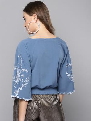 embroidered bell sleeved blouson top - 16740464 - Standard Image - 3