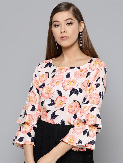 round neck bell sleeved floral top - 16740478 - Standard Image - 1