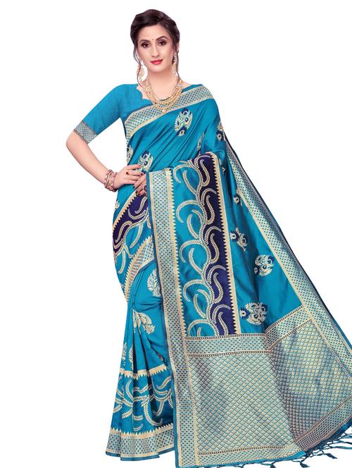 turquoise silk blend banarasi saree with blouse - 16741719 - Very Small Image - 1
