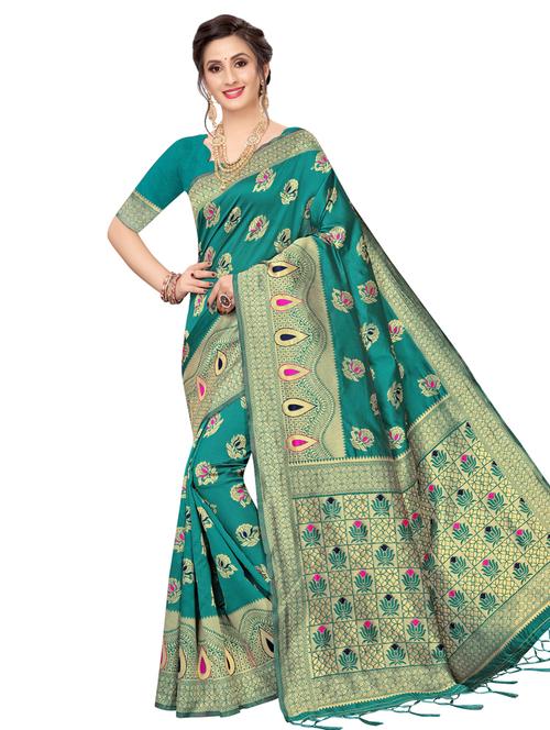 turquoise silk blend banarasi saree with blouse - 16741723 - Very Small Image - 1