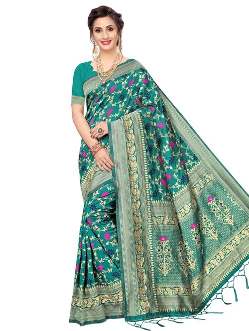 turquoise silk blend banarasi saree with blouse - 16741726 - Very Small Image - 1