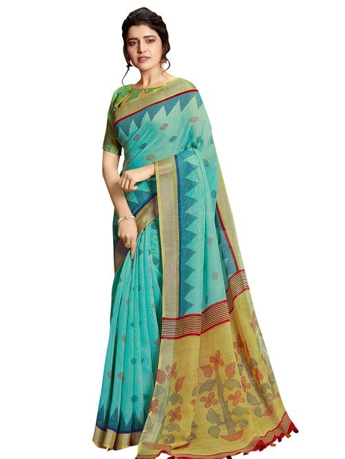 turquoise cotton blend printed saree with blouse - 16741745 - Very Small Image - 1