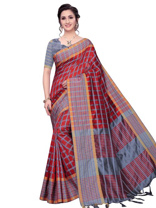 checkered printed saree with blouse - 16741812 - Standard Image - 1