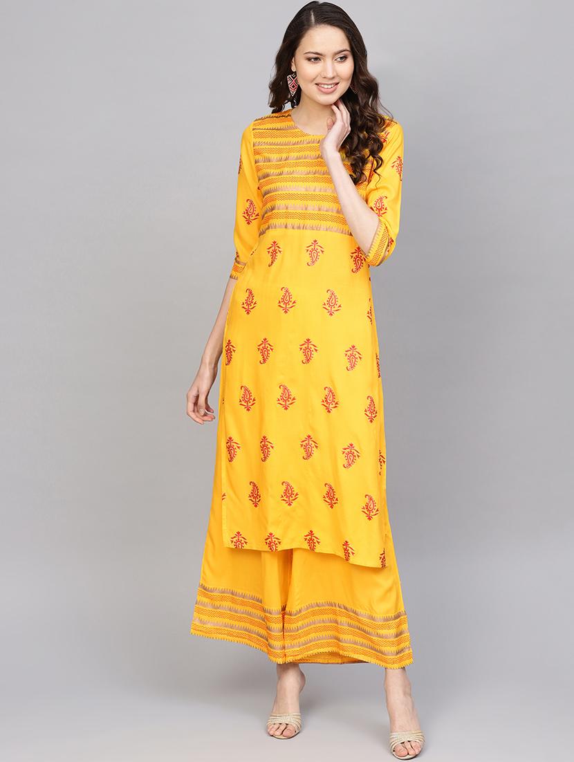gold printed kurta palazzo set - 16741937 - Zoom Image - 1