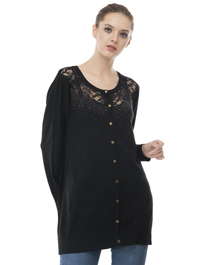 lace panel embellished wool blend cardigan - 16743470 - Zoom Image - 1