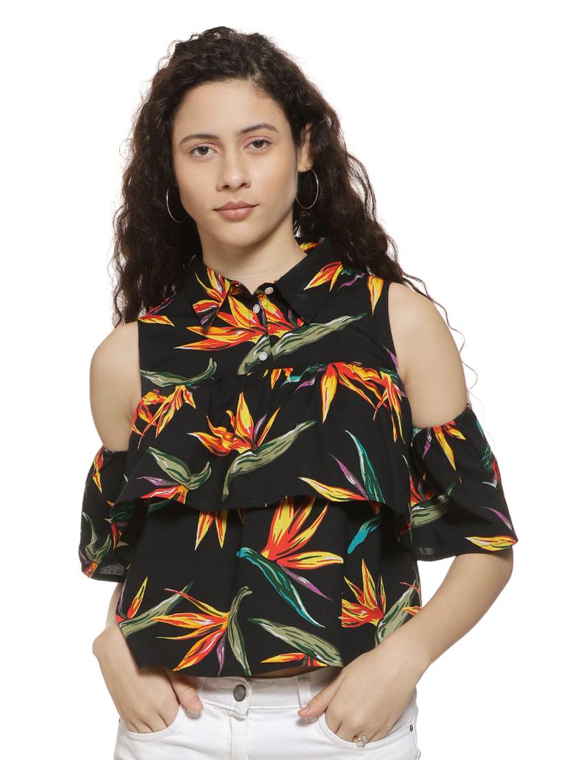 cold shoulder ruffle detail floral top - 16744331 - Zoom Image - 1