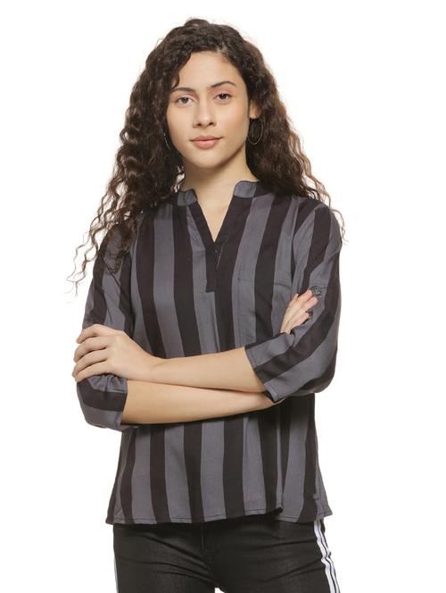 mandarin neck striped top - 16744333 - Standard Image - 1