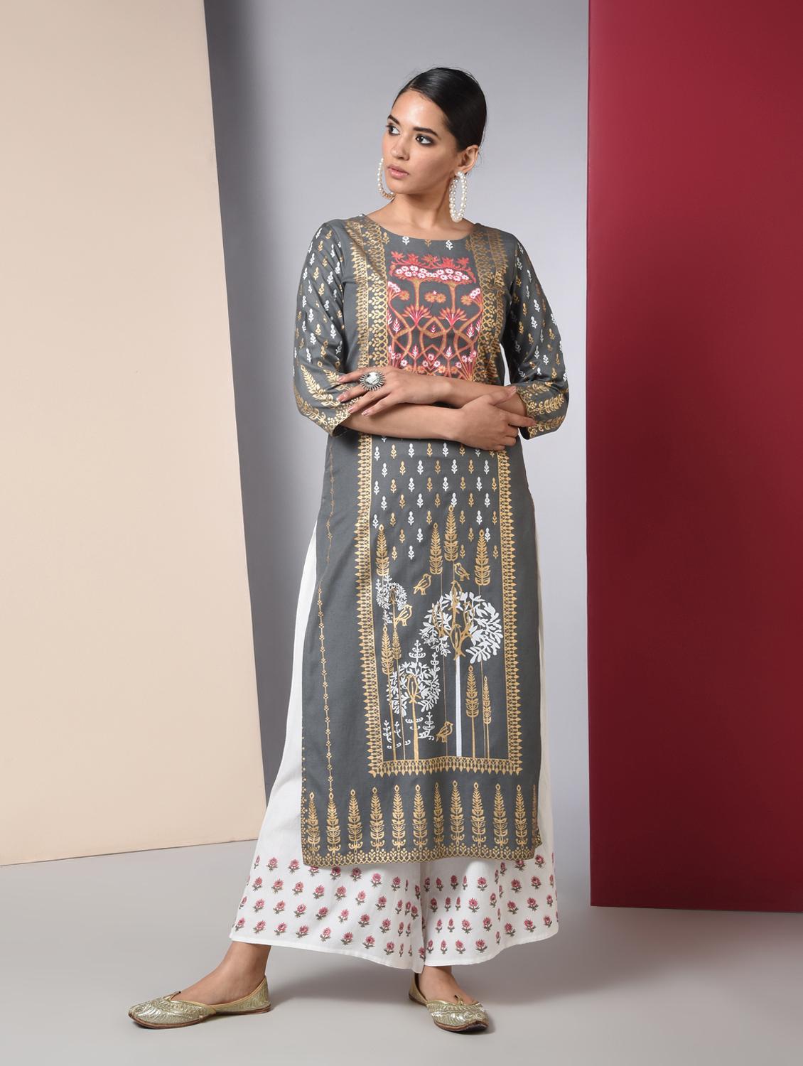 foil print kurta palazzo set - 16744696 - Zoom Image - 1