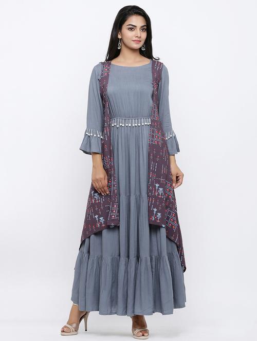 solid tiered flare ethnic dress with jacket - 16745265 - Very Small Image - 1