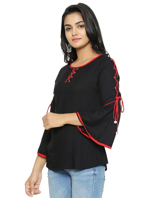 contrast criss cross tie up bell sleeved top - 16745453 - Standard Image - 1