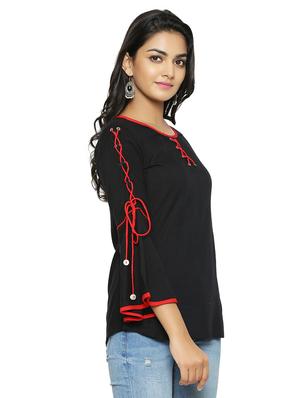 contrast criss cross tie up bell sleeved top - 16745453 - Standard Image - 2